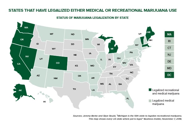 Map showing states that have legalized either medical or recreational marijuana use