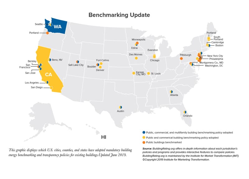 This graphic displays which U.S. cities, counties, and states have adopted mandatory building energy benchmarking and transparency policies for existing buildings.