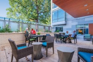 Security and greenery at Brightview Woodmont’s memory care terrace, designed by Hord Coplan Macht